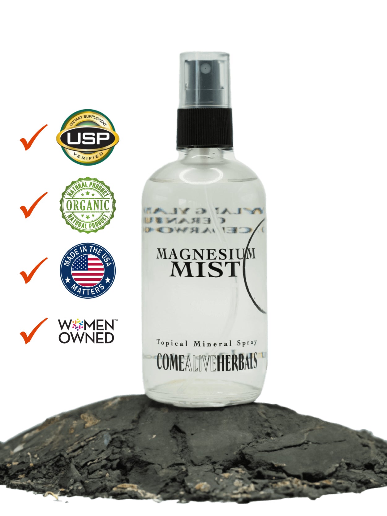 Magnesium Mist Certifications- USP Certified, Organic, Made in USA, Women Owned 