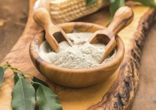 Wooden bowl with a scoop containing a Bentonite Clay powdery substance, held by a hand with green leaves in the background.