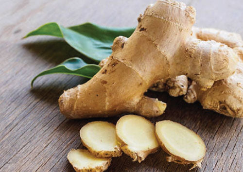 Fresh ginger root with slices on a wooden surface with ginger leaves behind it.