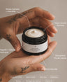 A person's hands holding a small black jar of TALLOW EYE CREAM with white cream visible inside. The image has text callouts pointing to the jar and ingredients shown at the bottom, set against a warm beige background.