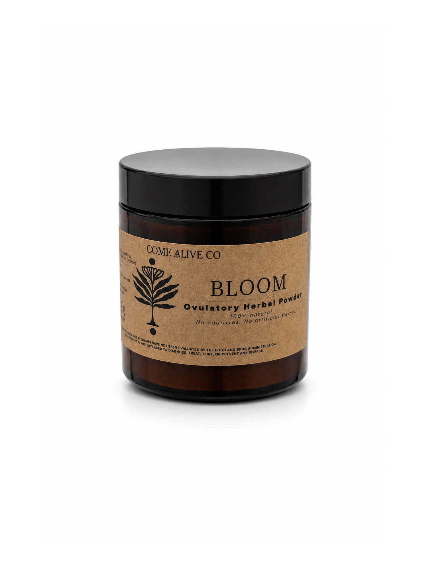 Amber glass jar of Come Alive Co. Bloom Ovulatory Herbal Powder  with a black lid and kraft paper label, centered on a clean white background.