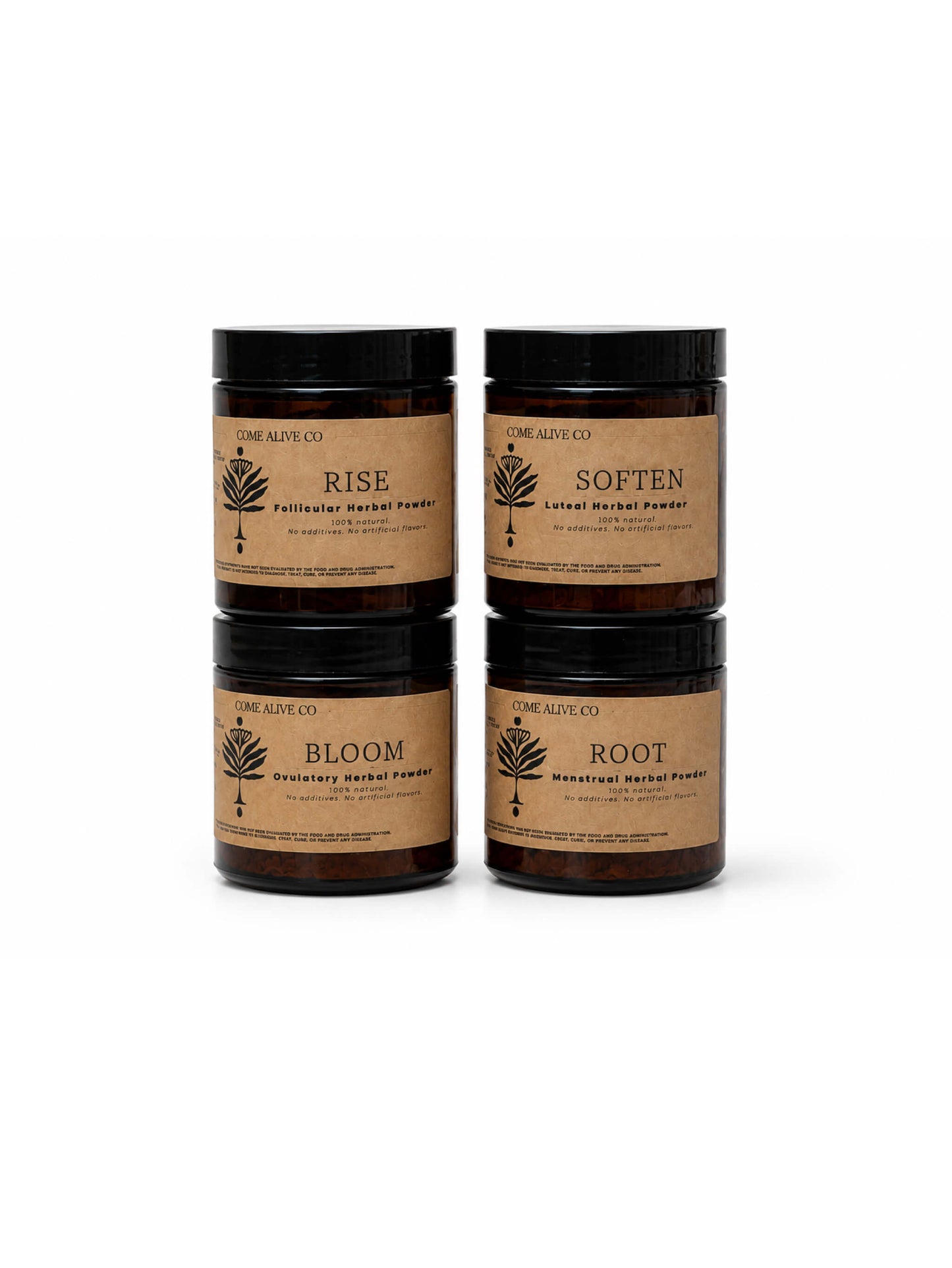 Four amber glass jars of Rise, Soften, Bloom, Root Come Alive Co. herbal powder arranged in a 2x2 grid on a white background.