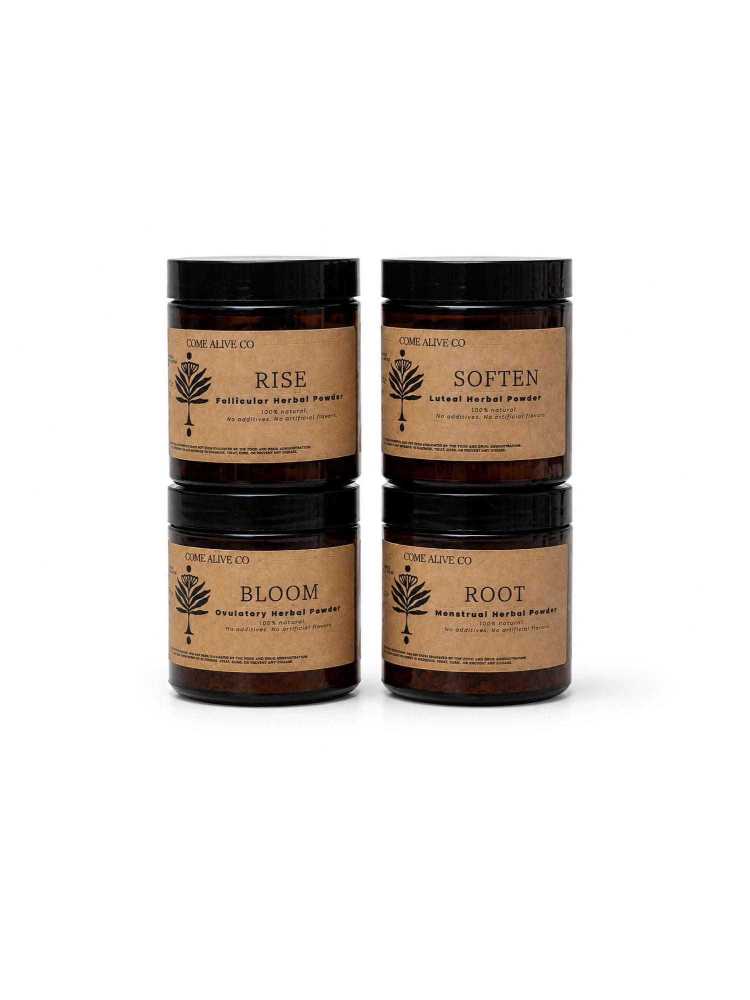 Four amber glass jars of Rise, Soften, Bloom, Root Come Alive Co. herbal powder arranged in a 2x2 grid on a white background.
