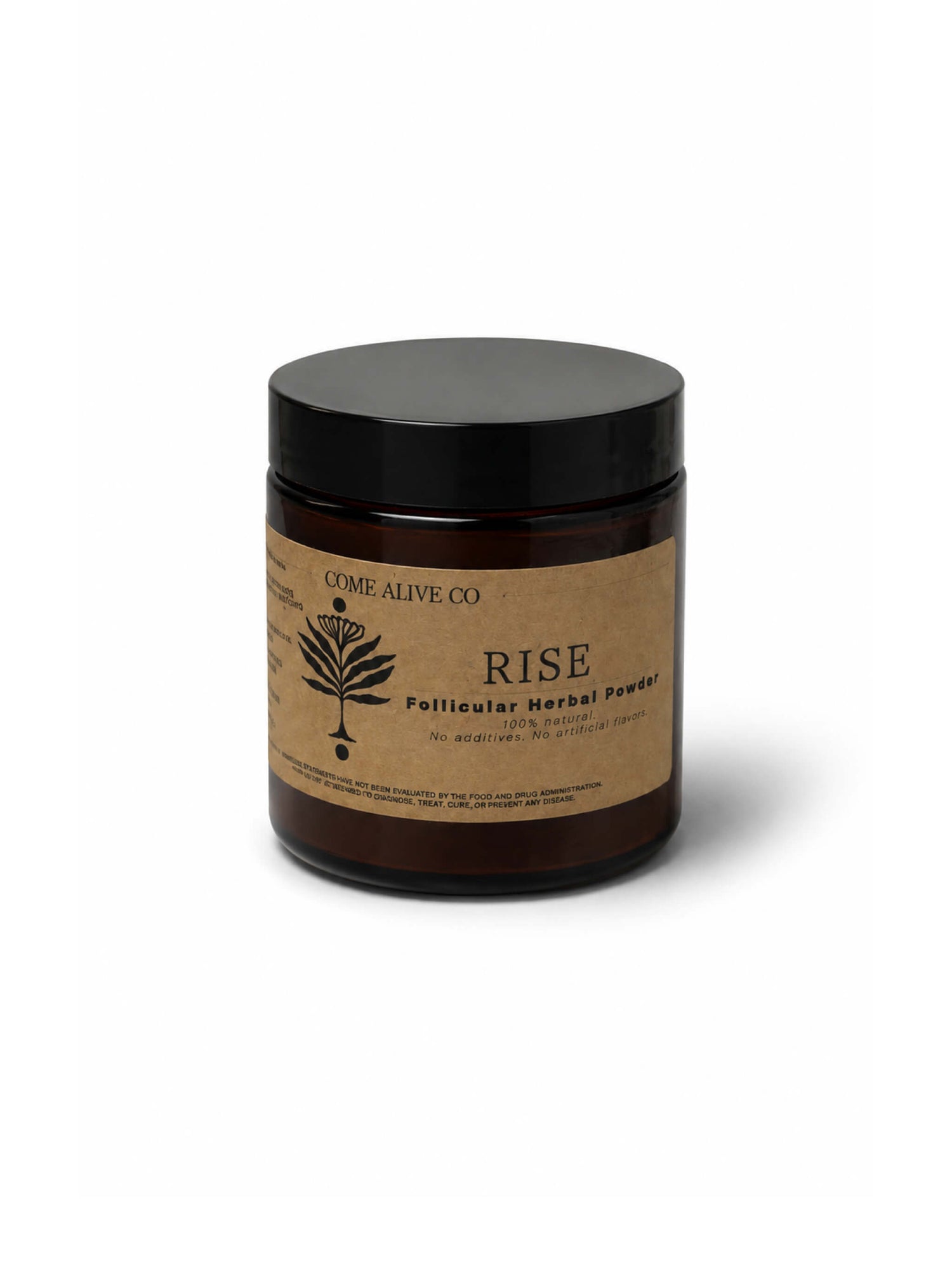 Amber glass jar of Come Alive Co. Rise Follicular Herbal Powder with a black lid and kraft paper label, centered on a clean white background.