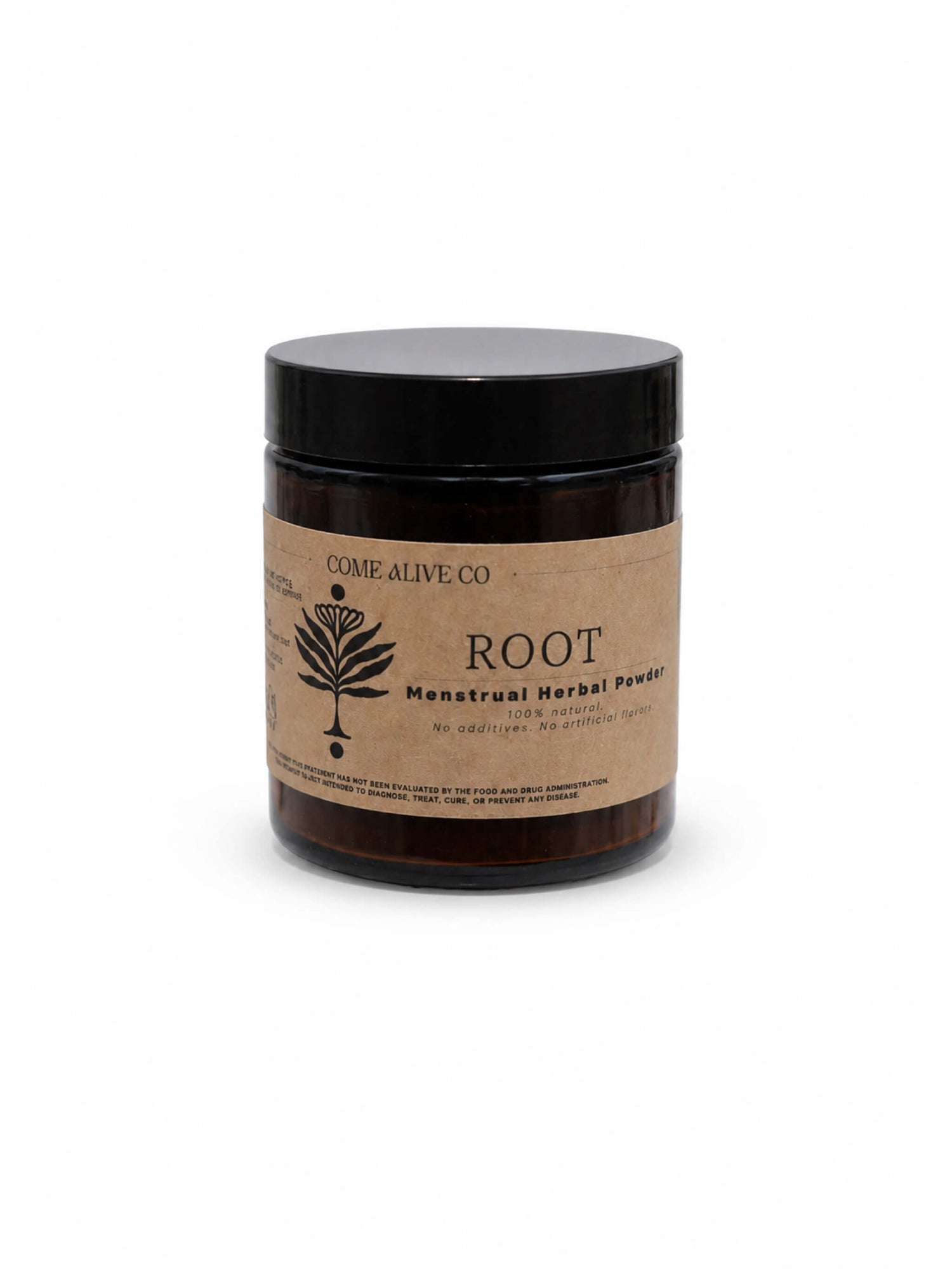 A dark amber glass jar of Come Alive Co. Root Menstrual Herbal Powder with a black lid and a kraft paper label, set against a plain white background.