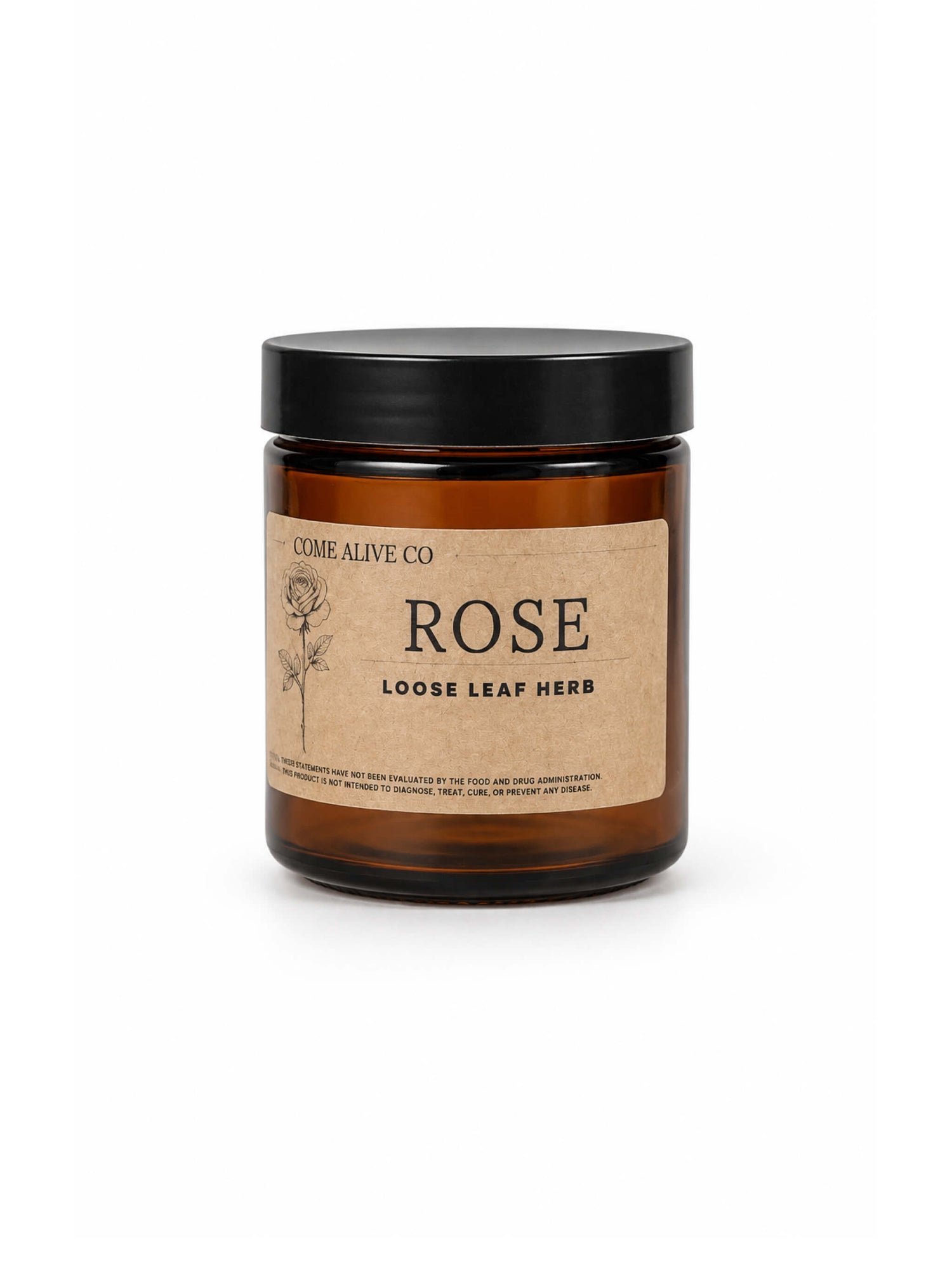 Amber glass jar of Come Alive Co. Rose loose leaf herb with a black lid and kraft paper label, centered on a clean white background.