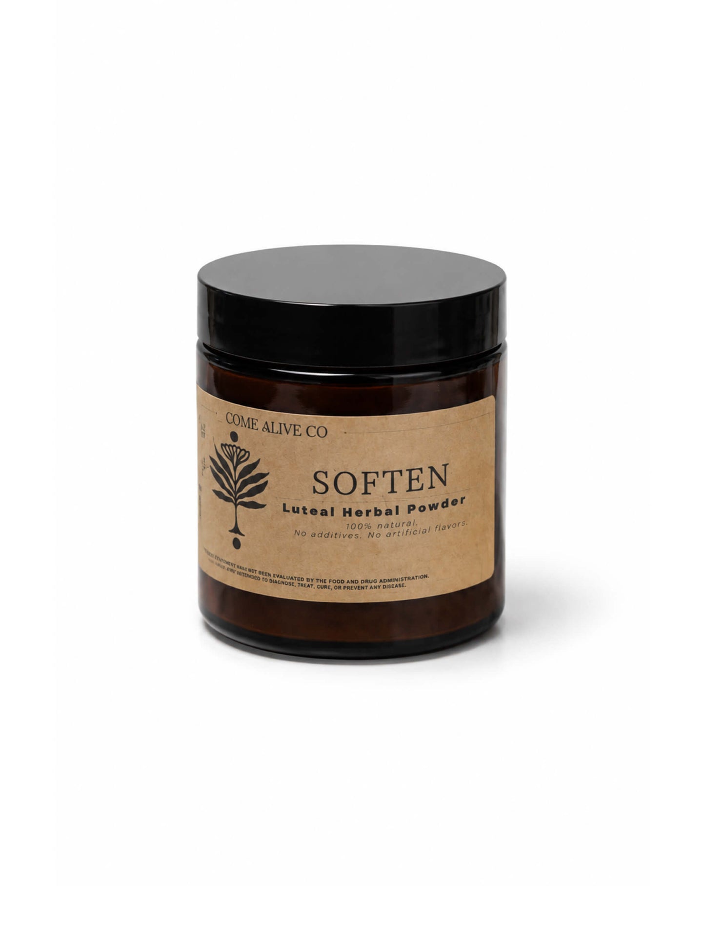 Amber glass jar of Come Alive Co. Soften luteal herbal powder  with a black lid and kraft paper label, centered on a clean white background.