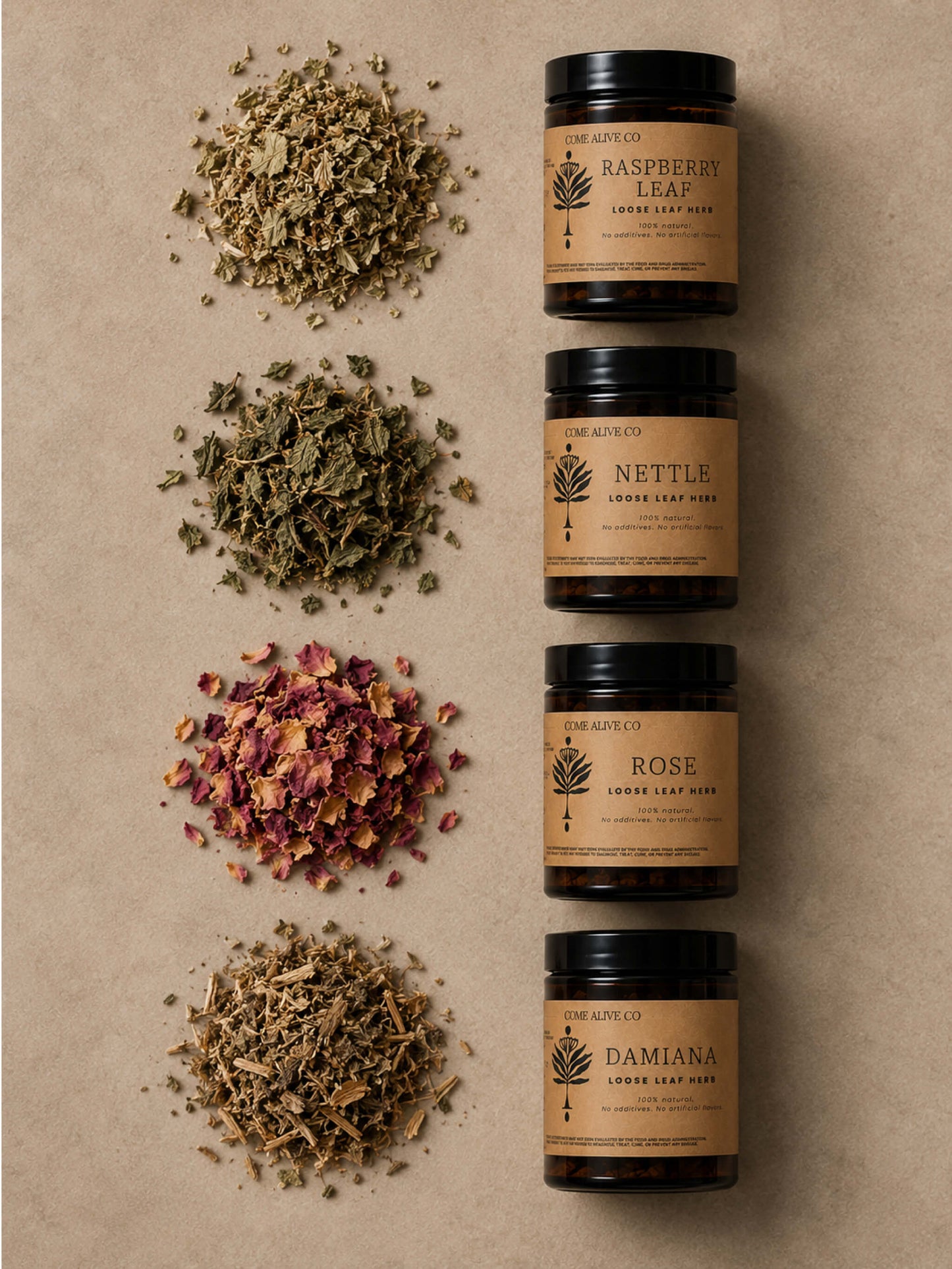 Four amber glass jars of Come Alive Co herbal tea blends arranged vertically on a beige background, with corresponding loose dried tea piles beside each jar: Raspberry Leaf, Nettle, Rose, and Damiana.