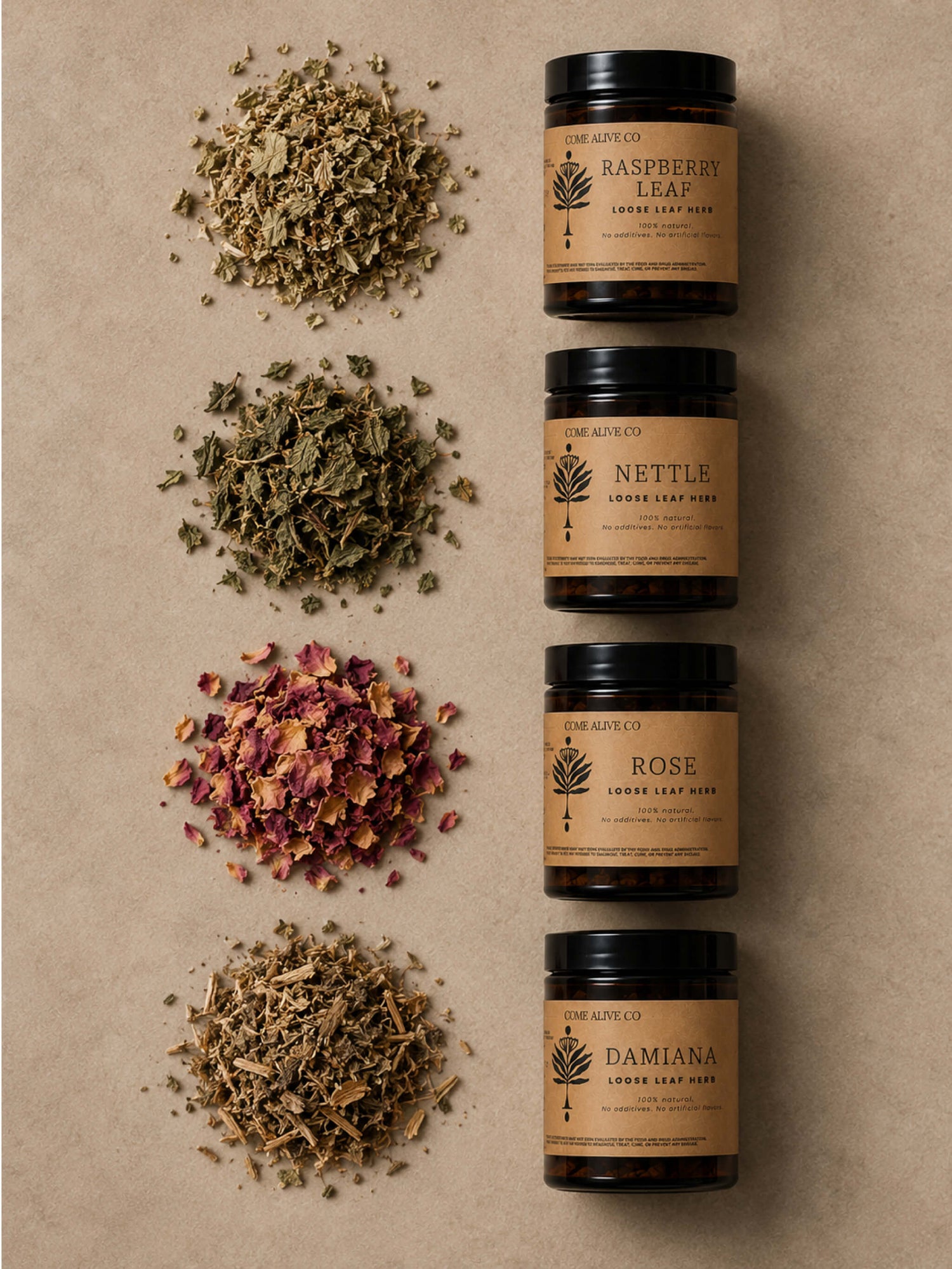 Four amber glass jars of Come Alive Co herbal tea blends arranged vertically on a beige background, with corresponding loose dried tea piles beside each jar: Raspberry Leaf, Nettle, Rose, and Damiana.