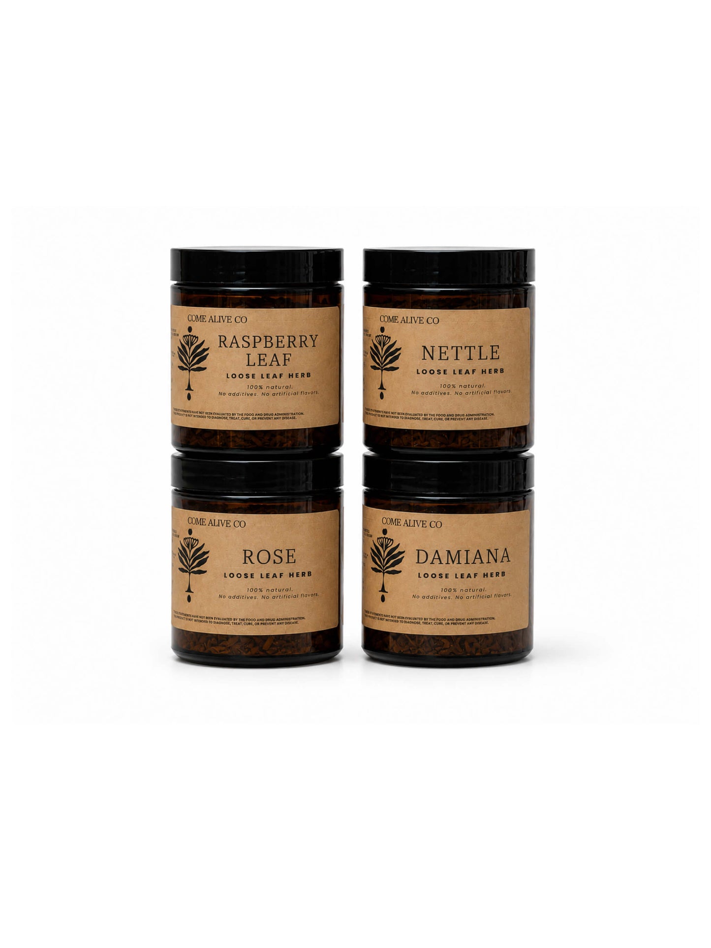 Four Come Alive Co. loose leaf herb jars—Raspberry Leaf, Nettle, Rose, and Damiana—arranged in a two-by-two stack with amber glass, black lids, and kraft labels on a white background.
