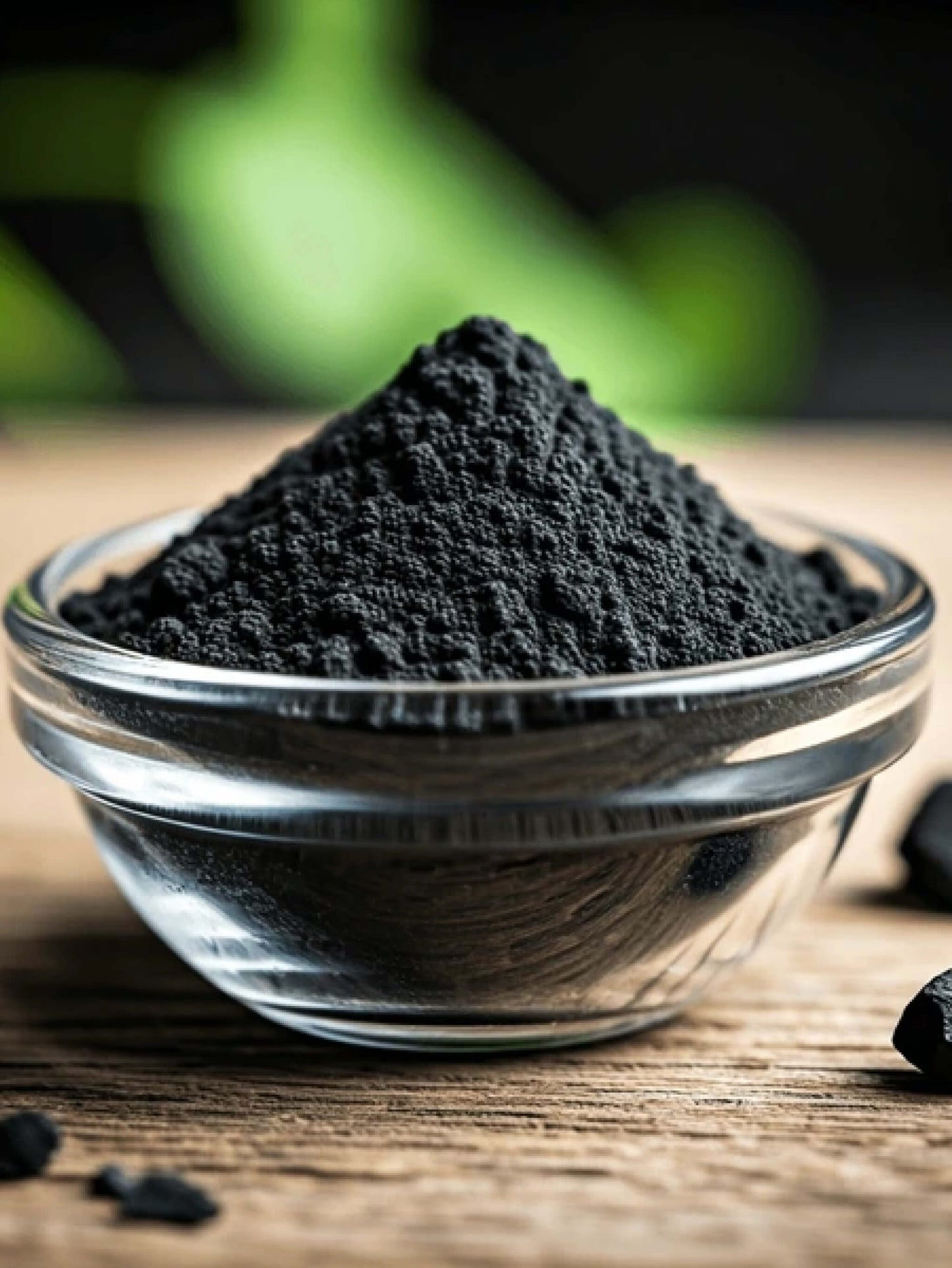 Black powder in a glass bowl on a wooden surface with blurred green background
