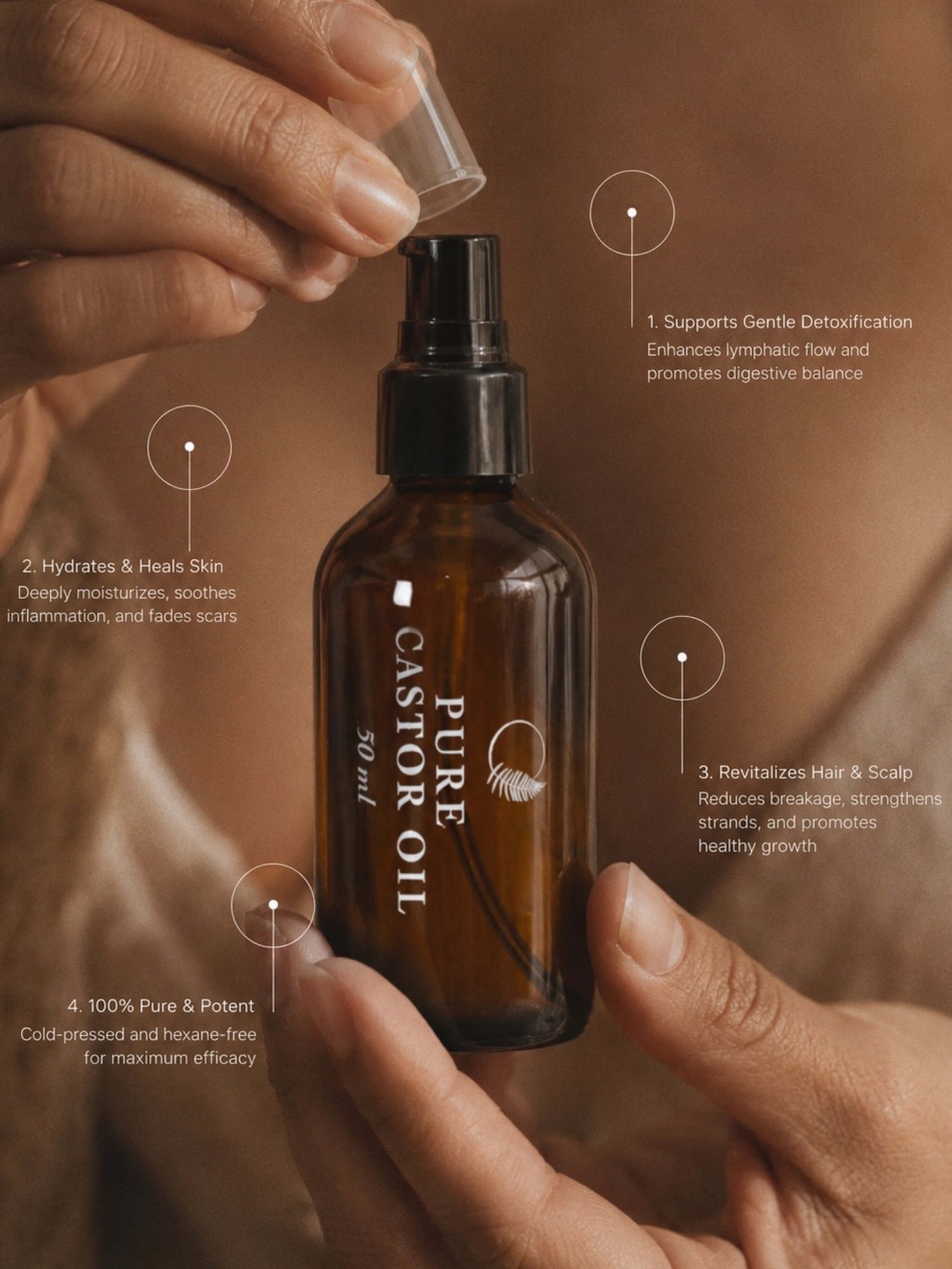 A person holds an amber glass spray bottle labeled PURE CASTOR OIL while applying a clear cap to the nozzle. The background is a warm brown skin tone, and the image includes four white text callouts with bullet points about benefits.