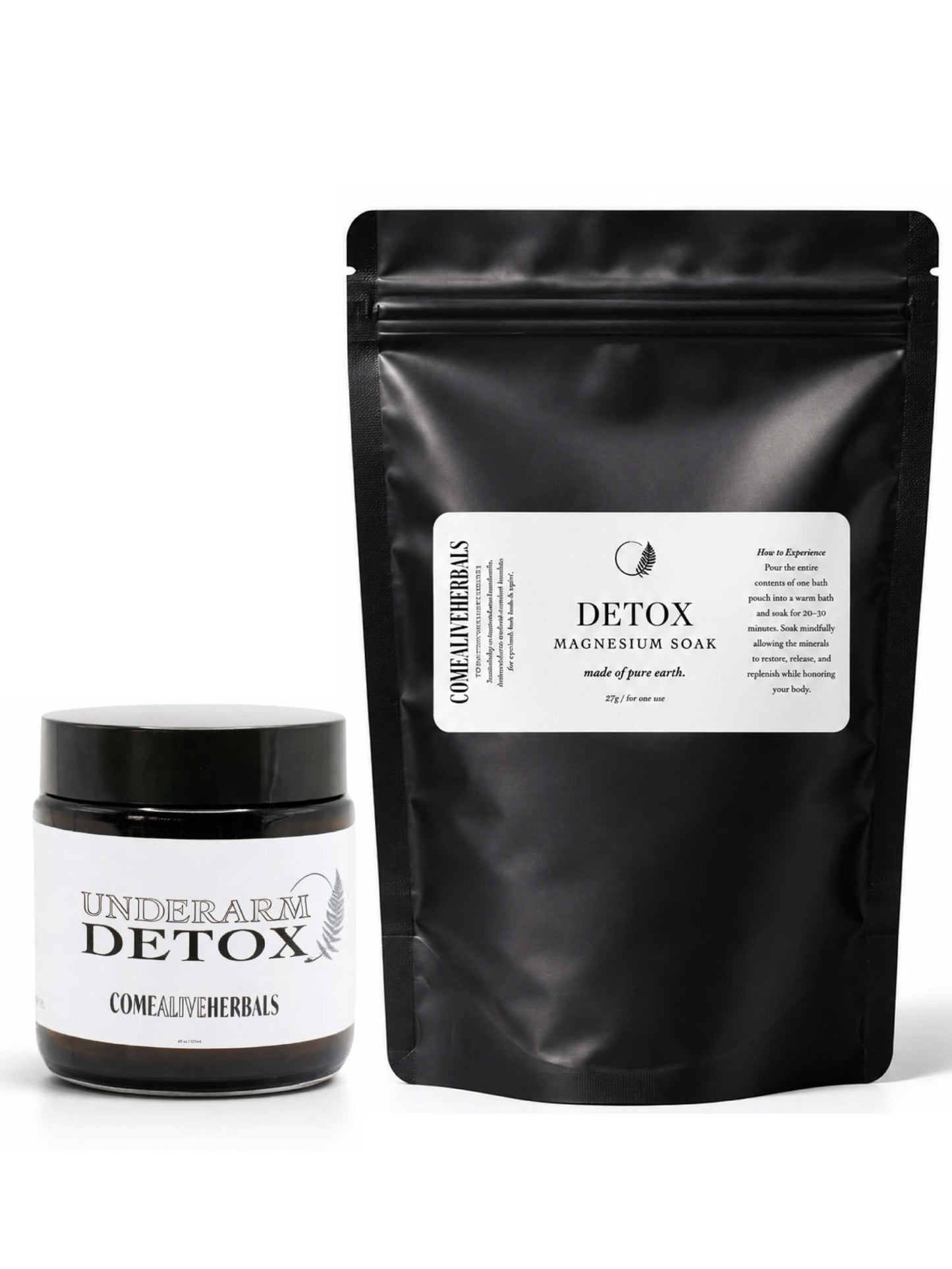 A product bundle containing a black jar of Underarm Detox and a large black stand-up pouch of ComelyHerbs Detox Magnesium Soak, both with white labels, on a white background.