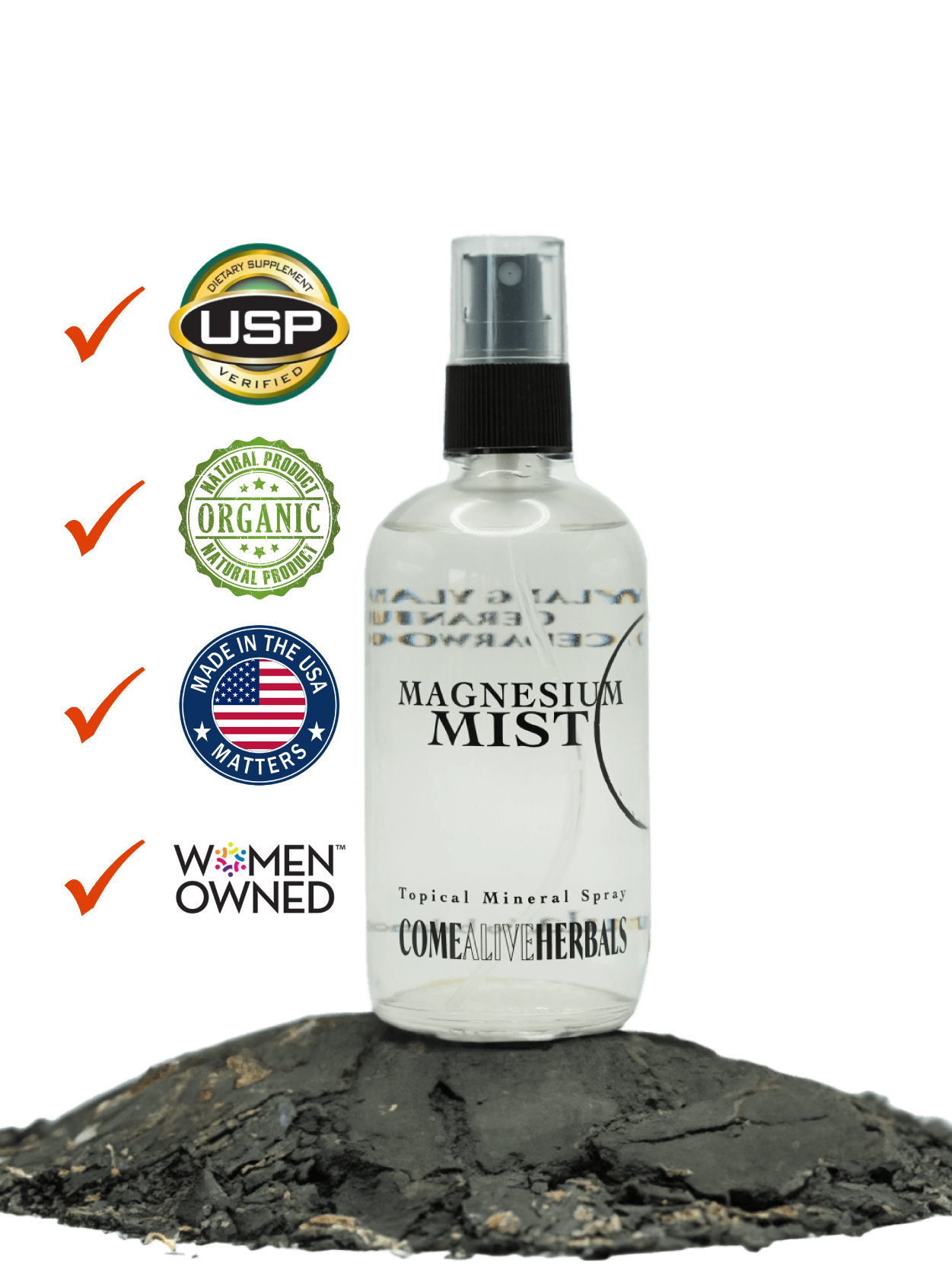 Magnesium Mist Certifications- USP Certified, Organic, Made in USA, Women Owned 