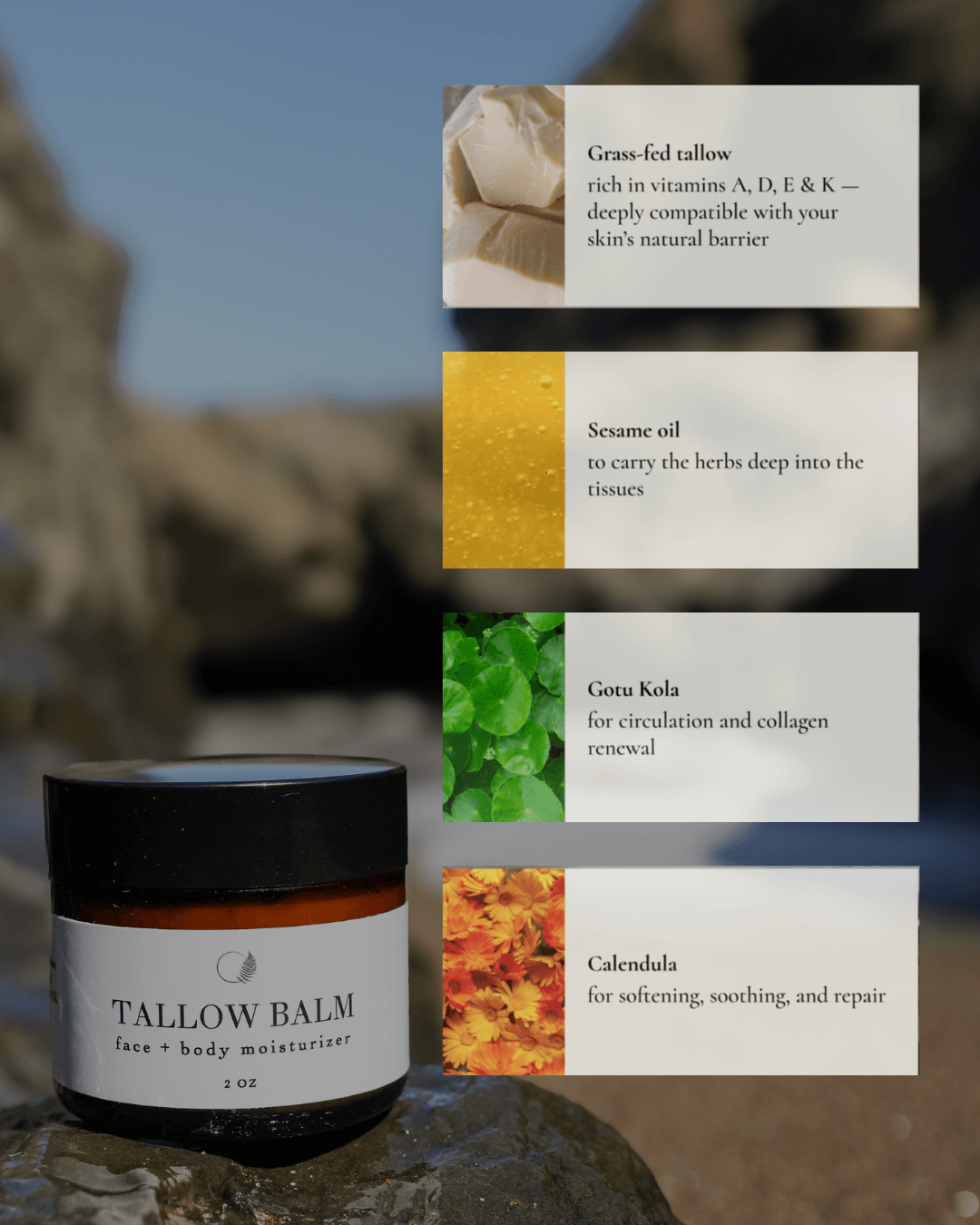Rich tallow balm texture designed to nourish dry skin, support elasticity, and seal in moisture naturally