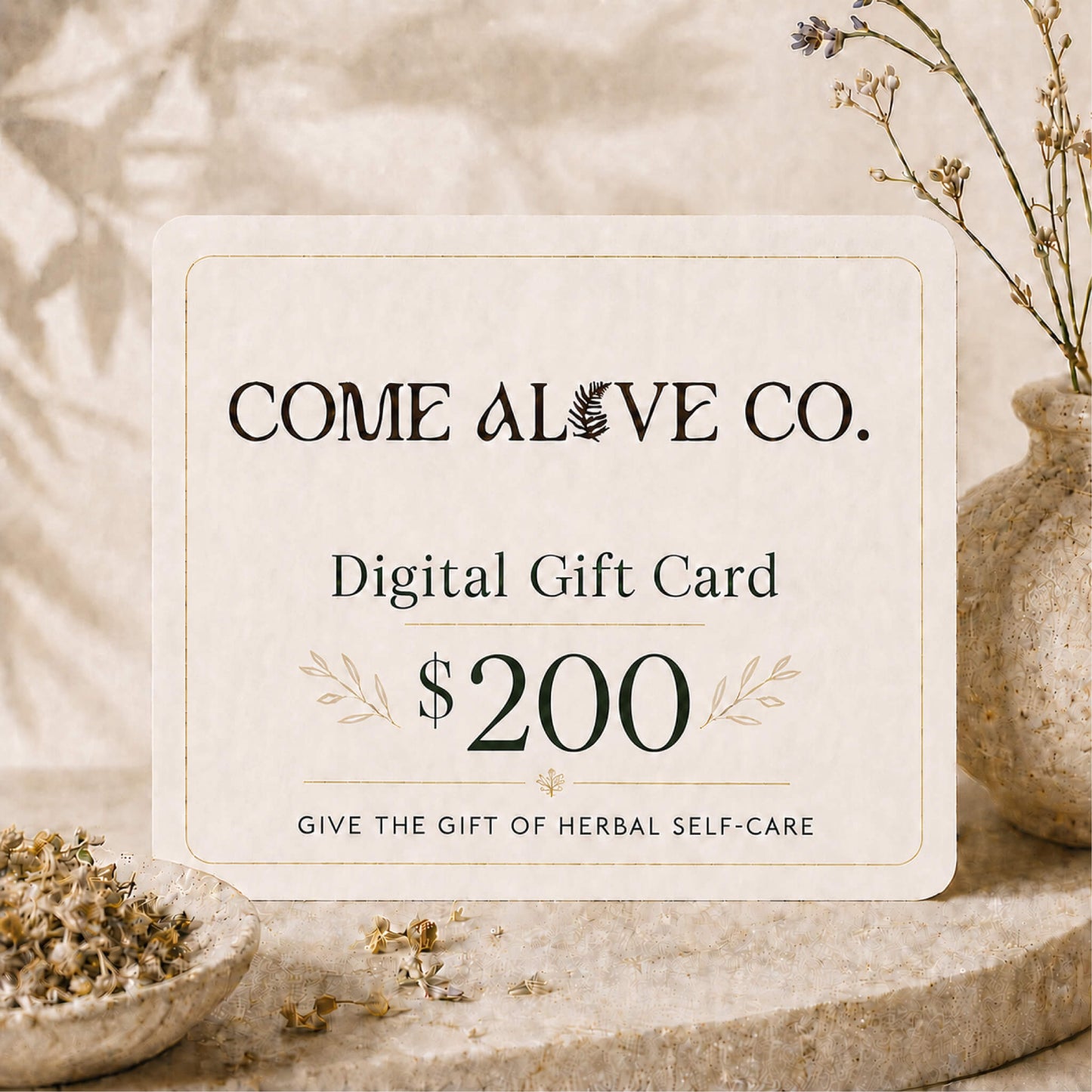 Come Alive Co. $200 digital gift card for herbal self-care, displayed on a cream card with botanical accents, dried herbs, and luxury wellness styling.