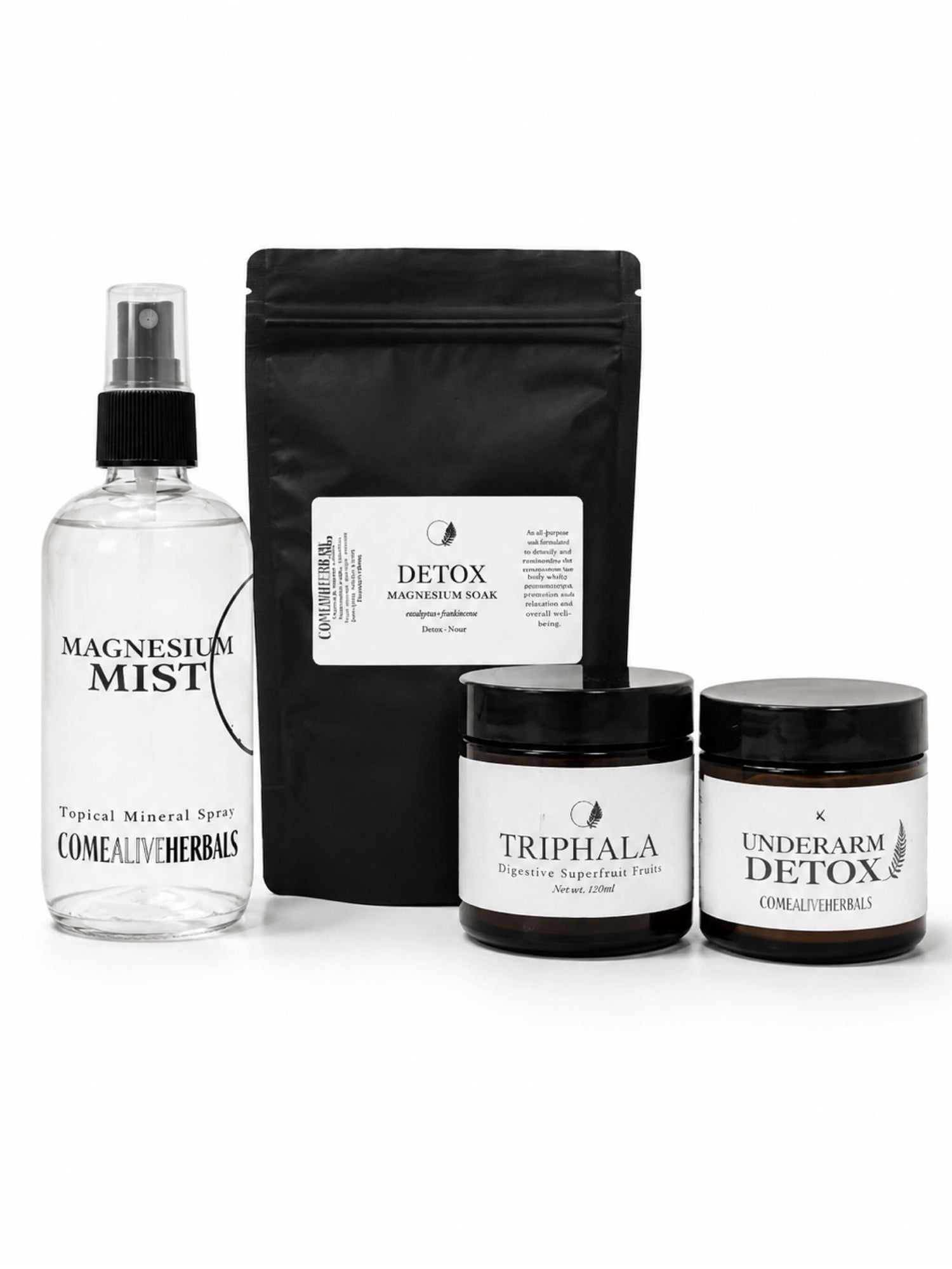 A full-body detox ritual to support cleansing, circulation, and renewal.
This bundle combines Magnesium Mist, Triphala, Detox Soak, and Underarm Detox to help draw out impurities, support the body’s natural detox pathways, and restore balance from head to toe through simple daily rituals.