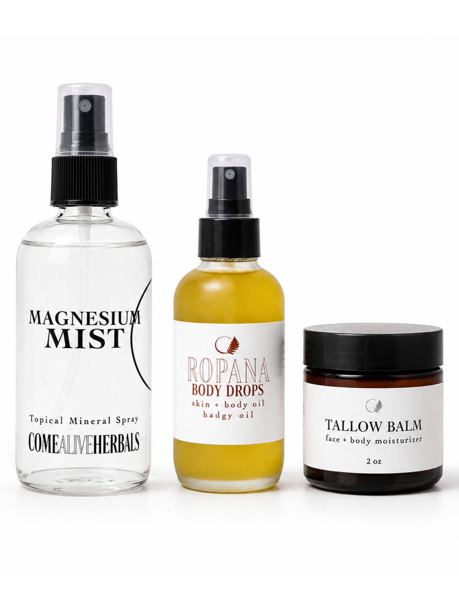 This intentional bundle pairs Magnesium Mist, Ropana, and Tallow Balm to support skin repair, barrier function, and long-lasting hydration from the inside out. Formulated with mineral-rich magnesium, traditional herbal allies, and nutrient-dense tallow, this trio helps calm irritation, restore balance, and promote naturally radiant skin through daily ritual.