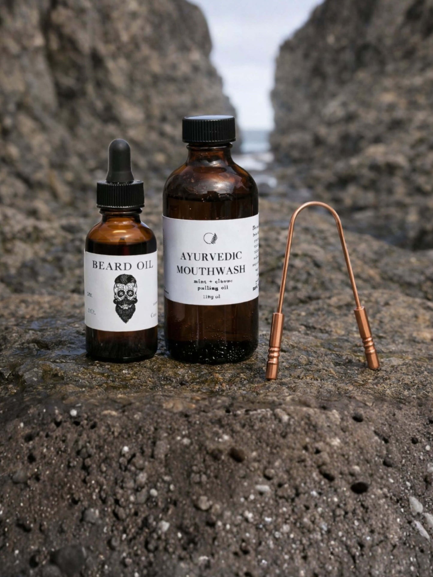 His Kiss Groom Kit with Ayurvedic mouthwash, beard oil, and tongue scraper for fresh breath and men’s grooming